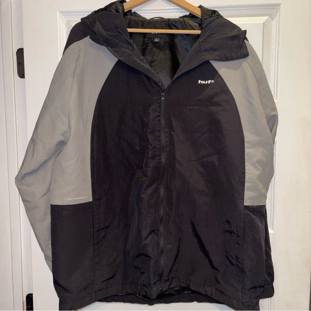 HUF hooded jacket T1-KCUF L Black Gray Men’s Windbreaker Y2K Jacket RN 114910